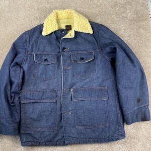 Vintage 70s Roebucks Sears Denim Sherpa Lined Chore Coat Jacket Blue Workwear